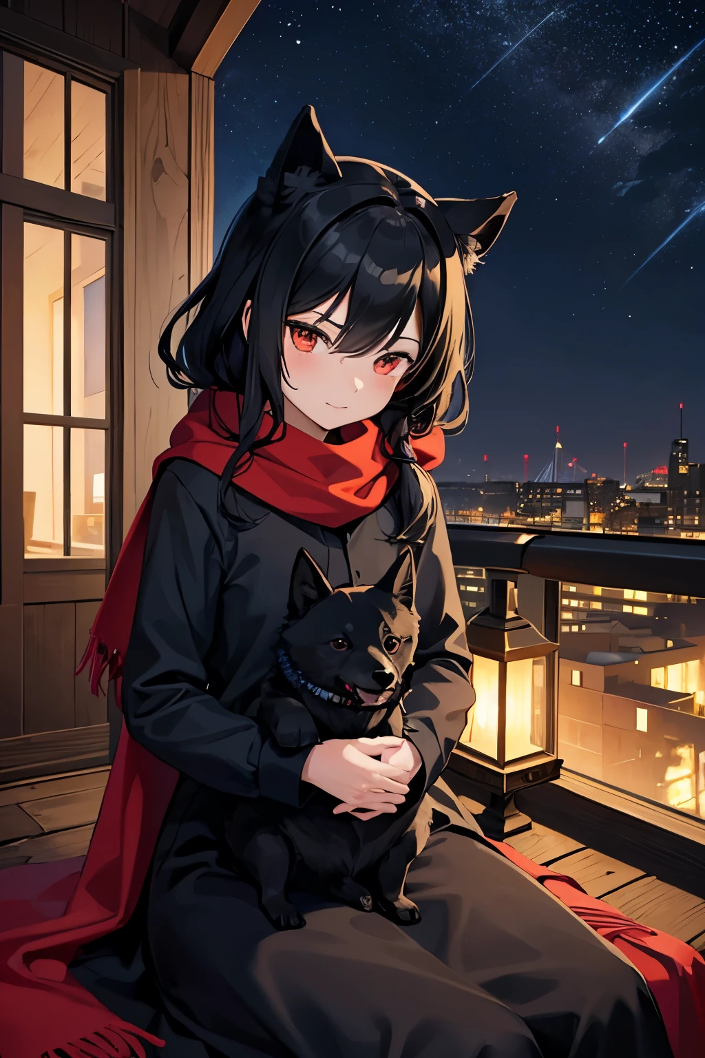 create a drawing of a black Schipperke with a red scarf lying on the lap of a girl on the balcony of a building watching the night with moon and stars