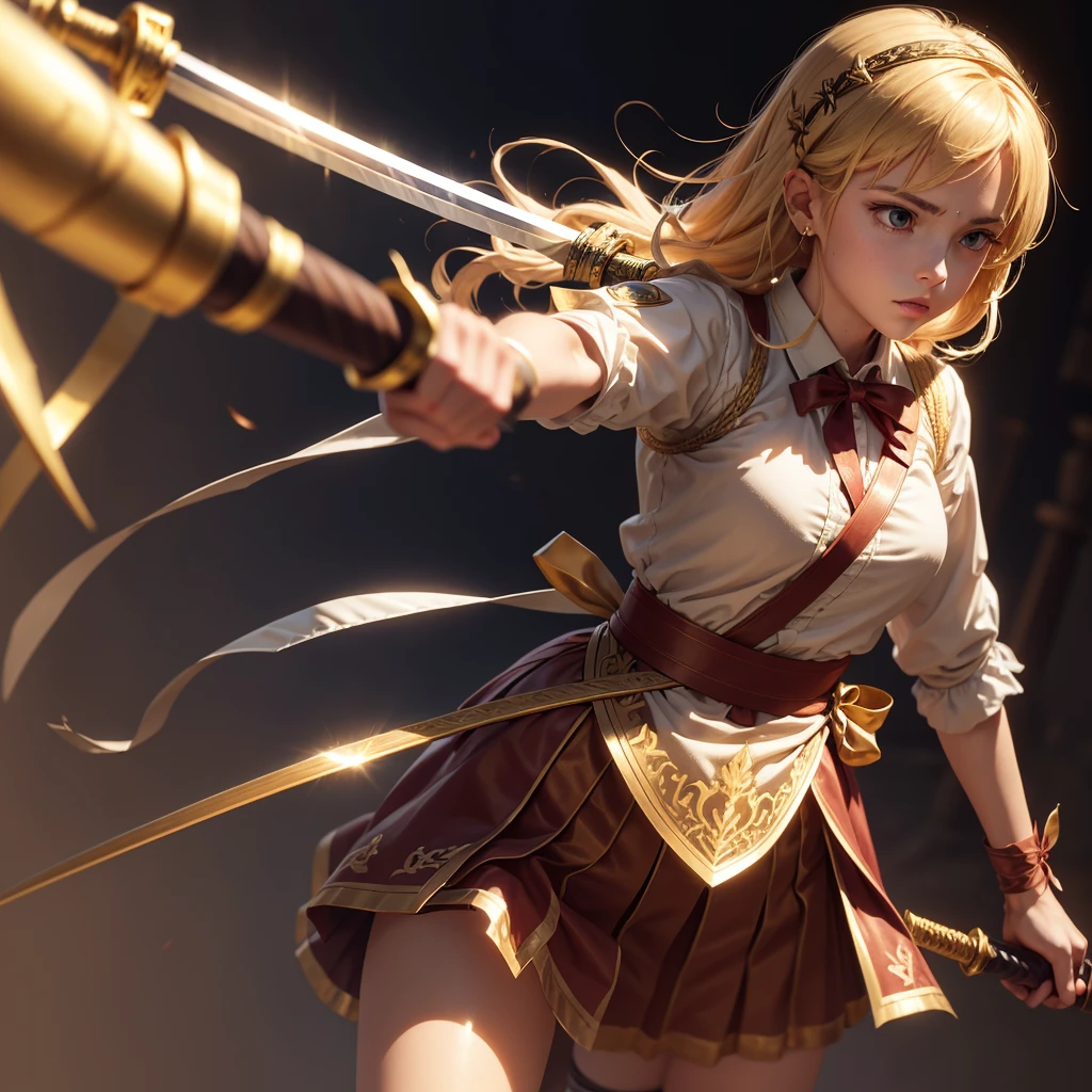 A sword with a golden scabbard and a ribbon tied to it. The word discipline must be written on this tape.