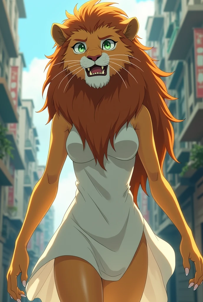 one body, one head, walking in two legs, close up, furry, anthro, giant female, anthro lion, lioness, lion ears, antrophomorphic, light green eyes, razor sharp teeth, slim body, muscular body, handsome, slender, lanky body, really long arms, really long legs, tall, wearing a white dress, pawpads, alone, beastars, beastars anime