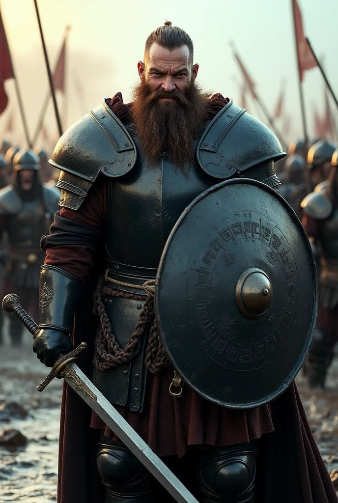 A fat man with a beard and a sadistic smile.
Wearing heavy black armor and with a long sword in his right hand and a large round black steel shield in his left. In the background you can see a battle between several soldiers in a very shallow river..