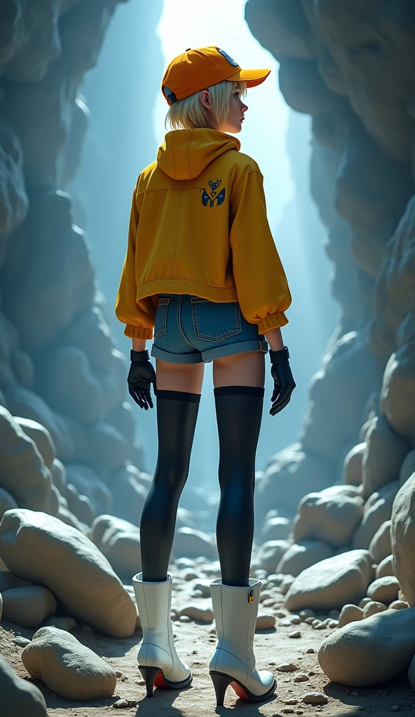 (rear view, backside view),(The best quality,A high resolution,Ultra - detailed,actual),Cindy Aurum  Fantasy XV,(Cindy has short blonde hair:1.4) , green eyes and a slightly tanned complexion, (His attire consists of an orange cap with the Hammerhead sign:1.4) ., a pair of black gloves, (a yellow jacket:1.4) , (a salmon bra:1.4) , (a pair of black welding glasses:1.4) , (some denim shorts:1.4) , a brown tool belt, black stockings and a pair of white high-heeled boots, ,(Dungeon ruins background ruins large stones cavern cave :1.4 ), epic fantasy art style hd, 4K fantasy art, epic fantasy digital art style, epic fantasy art style, Fantasy Woman, epic fantasy art portrait, Epic fantasy style, hyperrealistic fantasy art, hd fantasy art, epic fantasy character art, epic fantasy art, in style of dark fantasy art, epic fantasy digital art, high quality, (raw photo, best quality), (realistic, Photorealistic: 1.4), (extremely delicate and Beautiful: 1.4), Amazing, fine details, masterpiece, Ultra detailed, high resolution, best illustration, best shadow, intricate, ( extremely intricate: 1.2), (exquisitely detailed skin), cinematic light, Perfect anatomy, (cool color: 1.4), Sharp focus, 8K UHD, DSLR, (Fujifilm XT3),(cowboy pose :1.4),( cinematic lighting :1.4),( bright colors :1.4),(Cindy Aurum Fantasy XV:1.4), (Cindy Aurum V2.1),( face detailed :1.4), More detailed 8K.motor irreal:1.4,UHD,La mejor calidad:1.4, fotorrealista:1.4, textura de la piel:1.4, obra maestra:1.8,obra-prima, mejor calidad,objeto Objeto], (detailed face features:1.3),(Las proporciones correctas),(Ojos hermosos azules), (85mm F/1.4)), (bikini bra pink :1.4), (tiene un hermoso culo:1.4) 