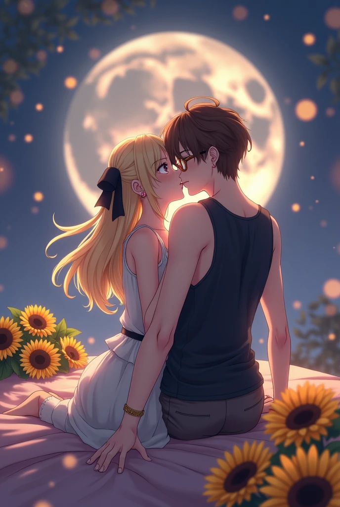 Beautiful couple hugging and kissing passionately in bed, the bed has sunflowes, the girl and the bot are lying down kissing, both of them screwed
(girl: short, big eyes but not too much with a loving look, not so long elf ears and in her left ear a ruby-colored earring, long hair with a black bow on the side of her hair, blondie hair, super tiny tits, She is wearing the boy's white shirt, (girl: white skin:1.3)), (guy: brown eyes with glasses, thin like shinji from Evangelion, the shirtless boy), (white skin:1.3), a modern and romantic room (best quality, 4k, 8k, high resolution, masterpiece:1.2), ultra detailed, (realistic, photorealistic, photorealistic:1.37), HDR, UHD, studio lighting, ultra-fine painting, sharp focus, physically based rendering, extreme detail description, professional, vivid colors, bokeh, romantic, cinematic, dramatic lighting, warm color palette, bright moonlight, dreamlike, ethereal