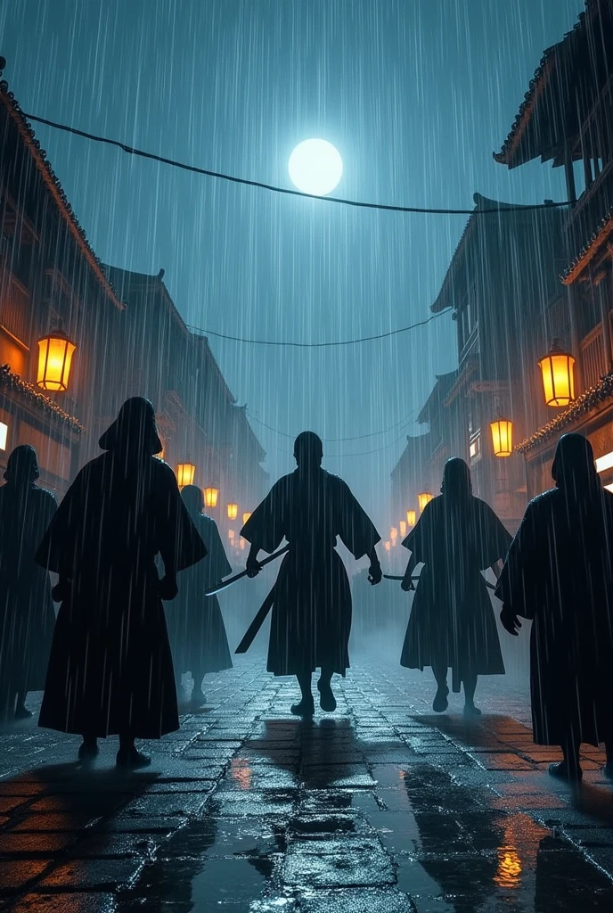 Masked Japanese ninja fighting with other ninjas at night in heavy rain
