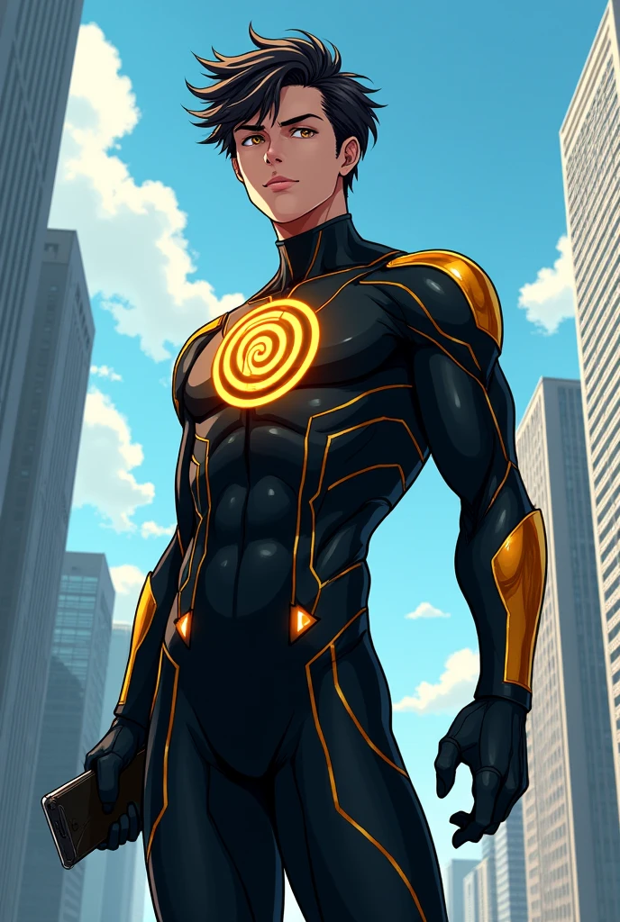Make me a superhero whose suit is black, with a spiral emblem, on his chest, with yellow details and has a high-tech cell phone on his left forearm, that he has a rearview mirror in his eyes like a cyclops and in an anime version , that his suit looks futuristic and you can see his hair and that he is a young man 