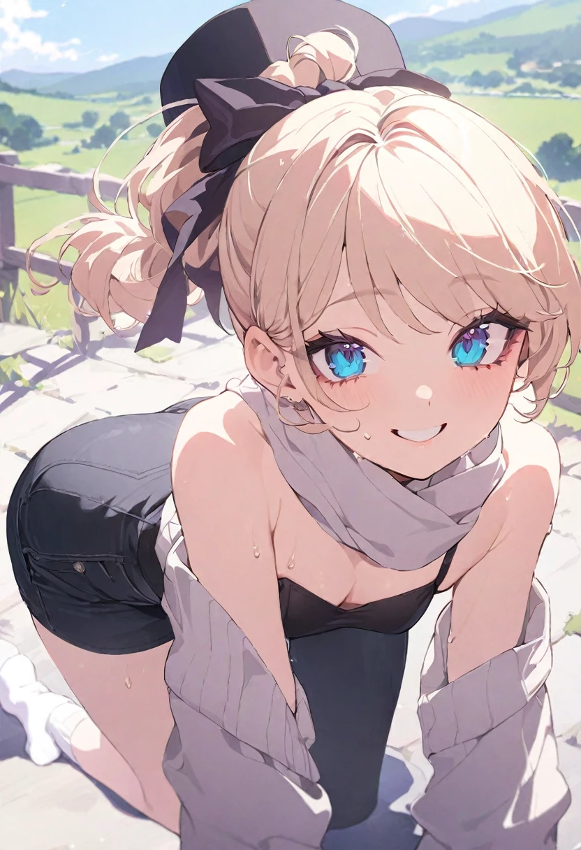 (masterpiece), (best quality), perfect face, beautiful girl, Countryside background background, delicate and beautiful face and eyes, Bright bright.
1 women, vtuber style, cool girl, Short hair, Ponytail, A surprisingly innocent and symmetrical face, Long eyelashes,smile, Sweat, Think, medium chest, Don't look at the viewer, Black jeans, white socks, scarf, black hat, Full body