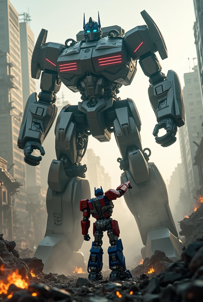 Jaeger from the movie Pacific Rim fighting against Optimus Prime from the movie Transformers, in an ultra-realistic image of a completely destroyed city, with the sun shining through the smoke of the ruined city