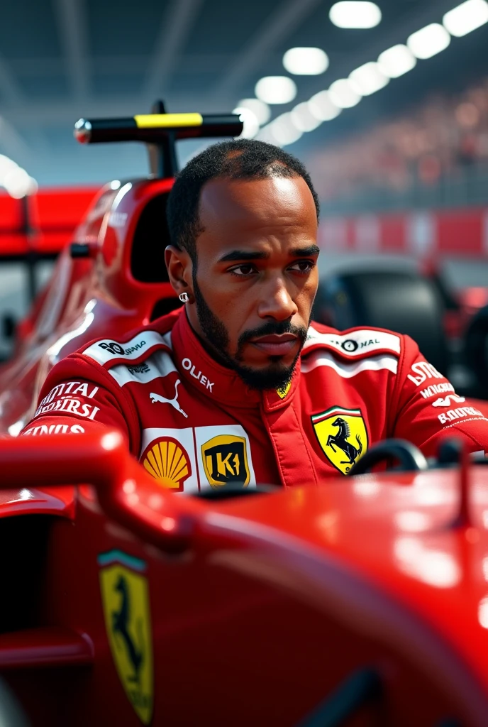 Lewis Hamilton in the Ferrari with his face as realistic as possible, wearing Ferrari's 2024 overalls and with the royal sponsors