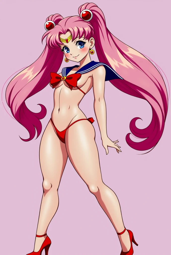 huge breasts、Full body view、Chibiusa、Sailor Moon(Chibiusa)Flat chest、Full body view、Chibiusa、Sailor Moon(Chibiusa)、Spread your legs、 nude、smile、Raise one leg,very cute,muscle、big eye,tear、high kick,high quality, high heels,