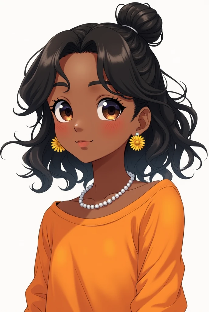 A little cute dark skinned anime girl, loose hair with a black bun behind, long and a little curly dark eyes Orange top in the center and a pearl necklace, white background and daisy earrings white background 