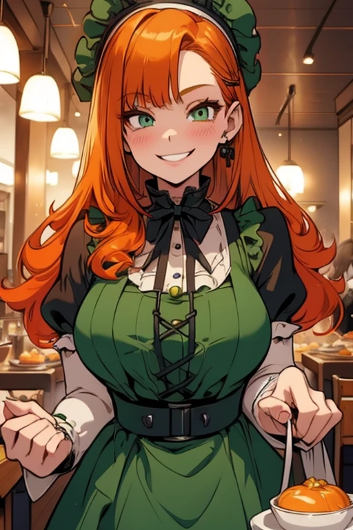Perfect face. Perfect hands. An orange haired woman with green eyes and an hourglass figure in a ta maid dress is smiling while serving dinner in a fancy maid cafe