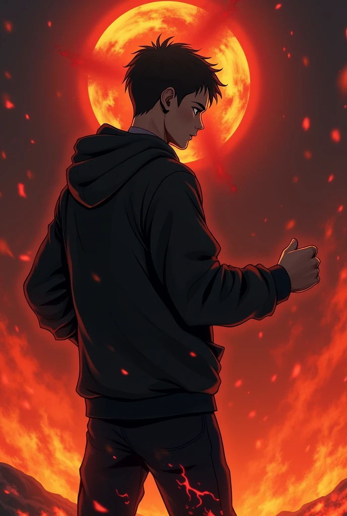 1 boy, Black Hoodie,Punch Satan，， Black pants, Gazing at Satan, Hellfire in the Background 