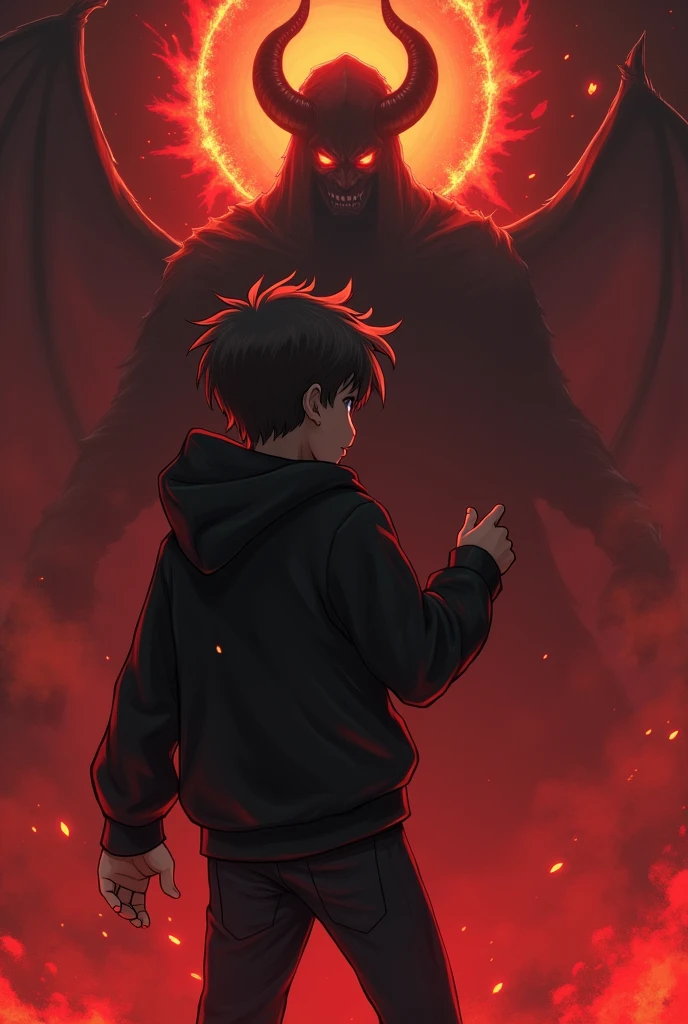 1 boy, Black Hoodie,Punch Satan，， Black pants, Gazing at Satan, Hellfire in the Background 