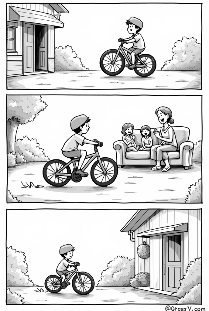Scene of a boy leaving the store with a new bike, proud of his efforts Scene of a boy at home with his family showing off his bike and being congratulated by his mother and sister Scene of a boy riding his bike thinking about how much he learned about saving and planning Scene of the boy with his mother and sister being proud of him for his efforts All in comic form in 4 black and white frames