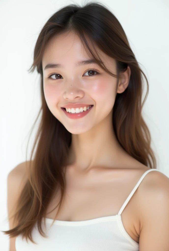 portrait , ultra realistic , augmenter la résolution, 8k, extremely detailed , Beautiful detailed eyes, best quality, ultra-detailed, head of'artwork, Detailed face, 1 fille de 18 ans, straight brown hair, Corps mince, delicate detail, white background , sourire heureux, white tank top , Head full