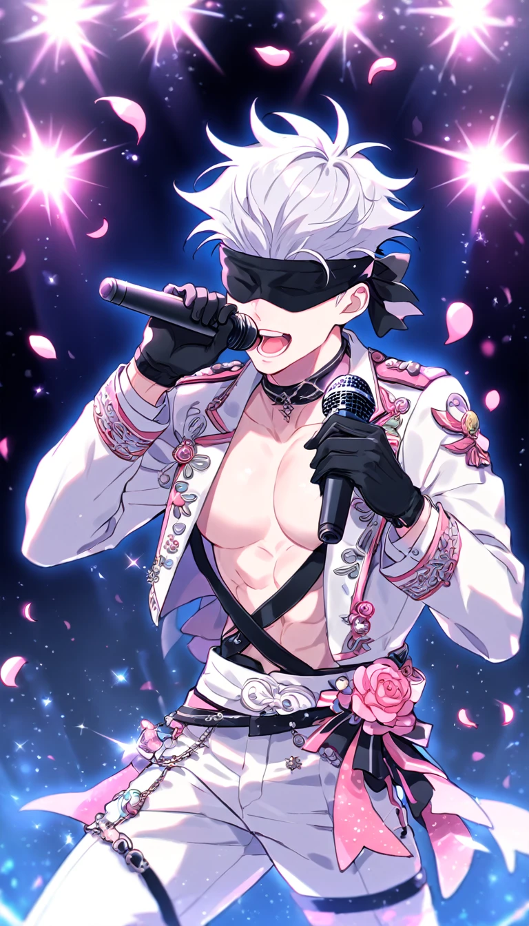 Ultra detailed, Highres, absurdres, HDR, master piece, Gojou Satoru, white hair, black blindfold, covered eyes, blindfolded eyes, Jujutsu Kaisen, sexy man holding a microphone, solo, idol, white idol clothes with trimmings, pink petals, glittering, black gloves, pink flowers, sensual, fantasy, idol stage, concert, manly man