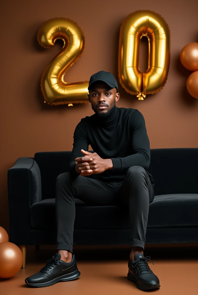best qualityer:1.4), (ultra high resolution:1.2), (photorrealistic:1.4), (8k, CRU photo:1.2), 1 young man, 20 years old, thin, has thin arms, skin black, with a smooth, beardless face, is wearing a black cap, black long sleeve turtleneck shirt. black dress pants. black sneakers. He is sitting on a black sofa. is in a photography studio with a brown background. On the wall there are golden balloons in the shape of the number 20. The hair on top is well cut. There is no muscle in the arms. Brown baby balloons are scattered on the floor.