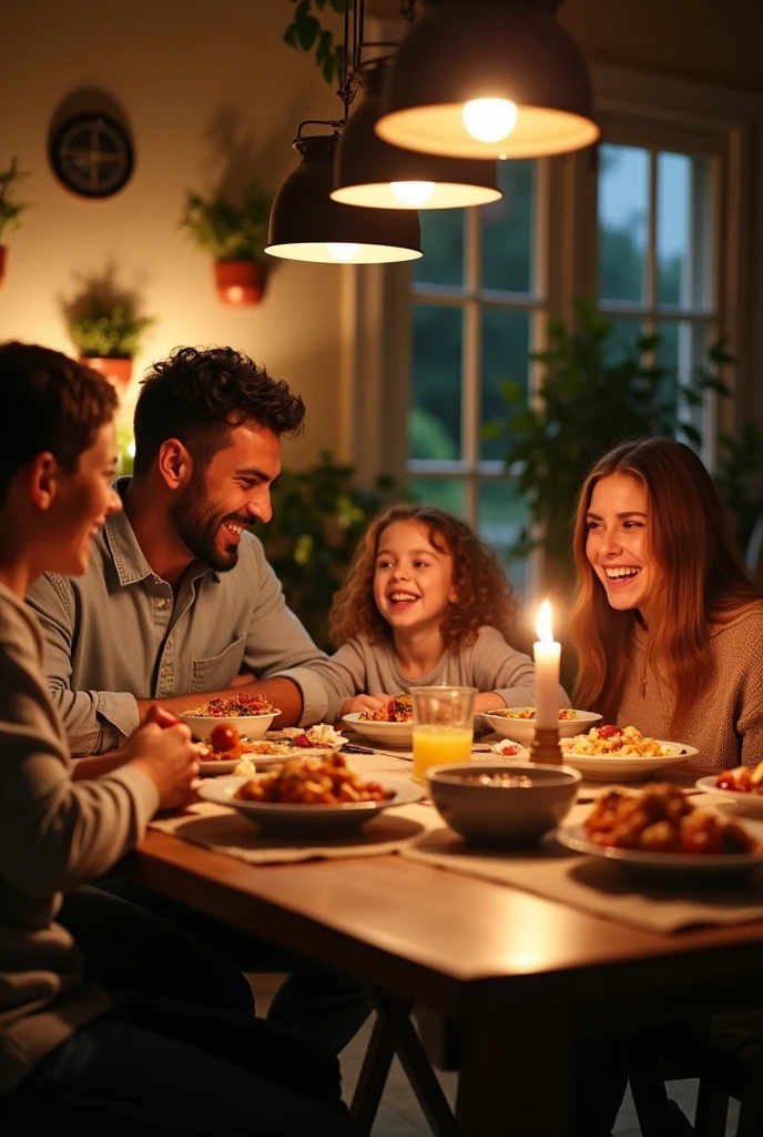  Family of four having dinner at a table 