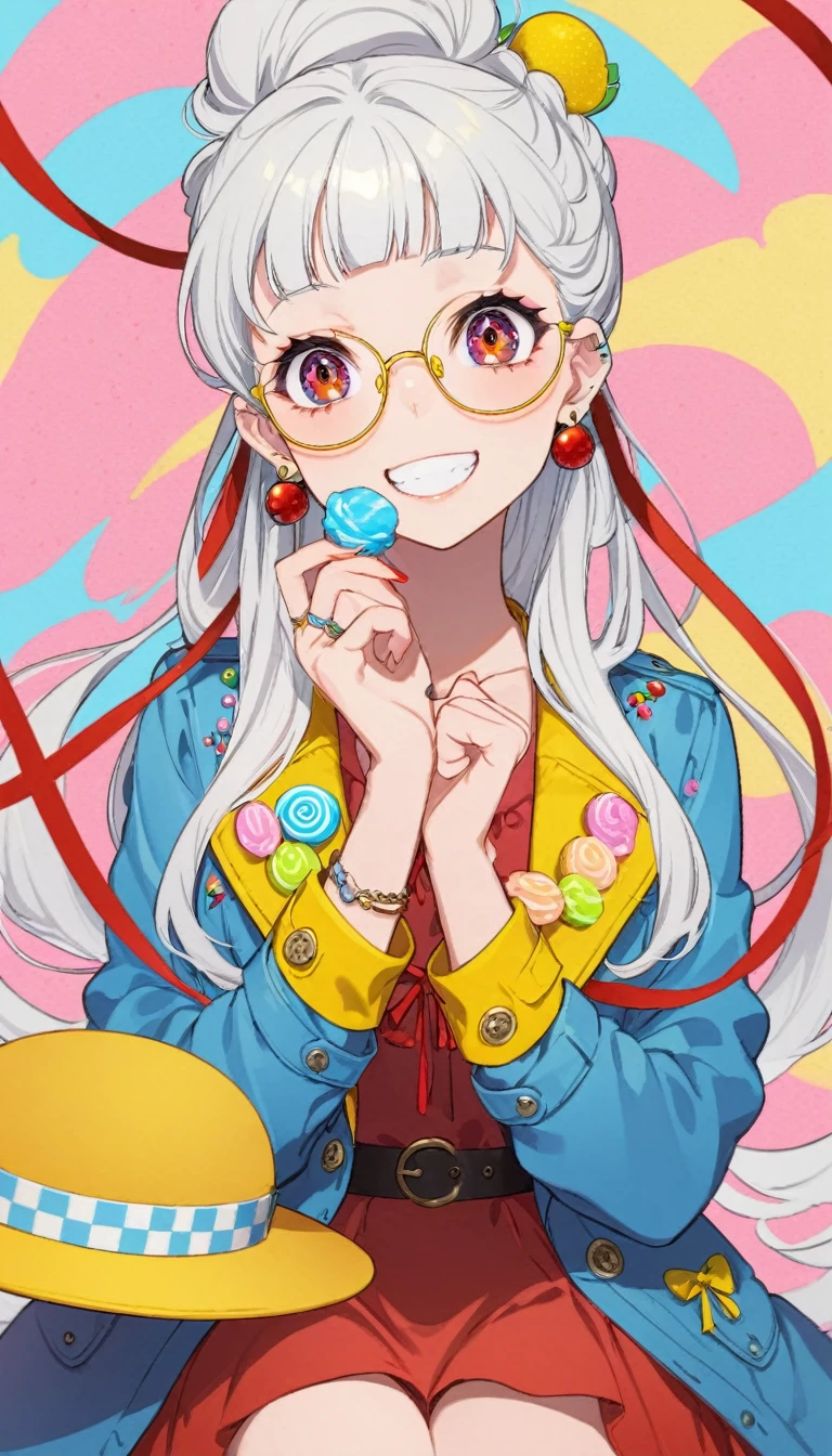 One girl, alone, Long Hair, View your viewers, smile, bangs, ((Blue Jacket)), Red pastel skirt、Red eyes,White hair in the eye、Beautiful eyes that shine、((yellow boater hat with red ribbon))、White Jewelry, Sitting, Jacket, Upper Body, Silver Hair、 earrings, Glasses, teeth, Grin, open Jacket, Earrings, ring, ear Earrings, White Background、White background,Umaibo、Candy、Eat sweets, colorful background, tied hair 