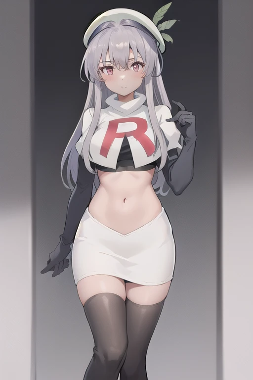 best quality, (masterpiece:1.2), illustration, absurdres,
(1girl, solo), (beautiful detailed girl),
Aeolia, lilac hair, long hair, red eyes, medium breasts,
green hat, hat with feather ornament, team rocket,team rocket uniform,white skirt,red letter R,crop top,black thigh-highs,black elbow gloves
looking at viewer,