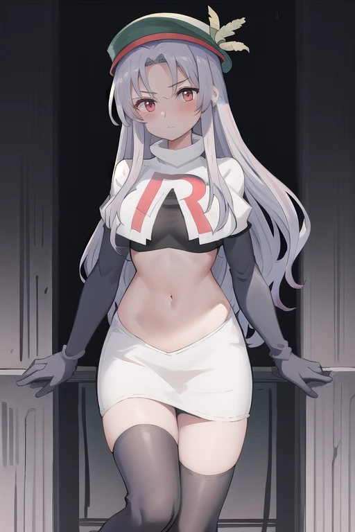 best quality, (masterpiece:1.2), illustration, absurdres,
(1girl, solo), (beautiful detailed girl),
Aeolia, lilac hair, long hair, red eyes, medium breasts,
green hat, hat with feather ornament, team rocket,team rocket uniform,white skirt,red letter R,crop top,black thigh-highs,black elbow gloves
looking at viewer,