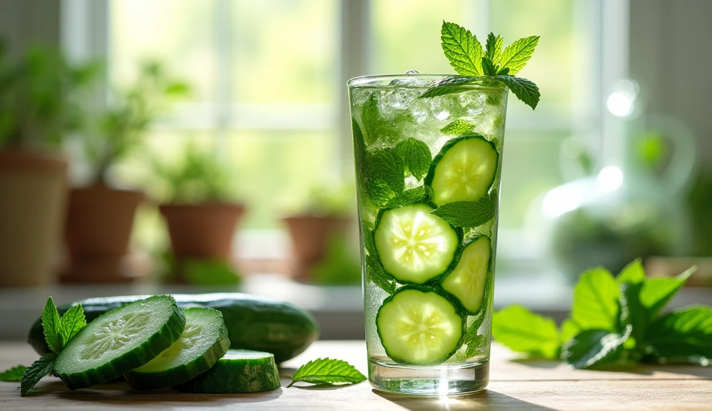 Refreshing Cucumber Trink Drink Recipe, thinly sliced, mint leaves