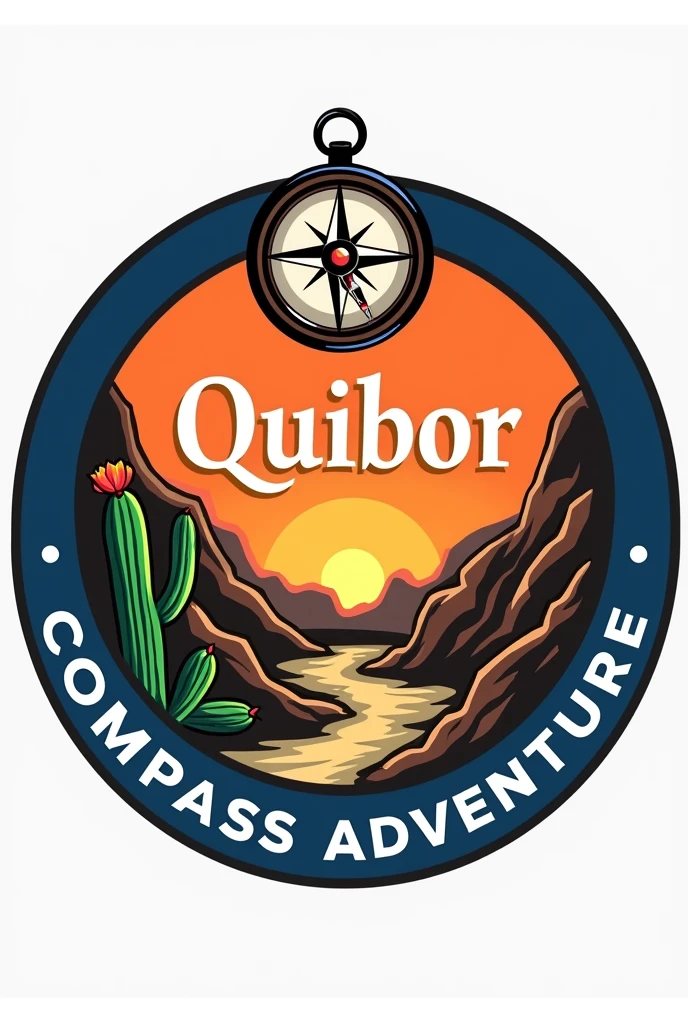 Logo:
1. General form: Circular design.
2. bottom: Orange, evoking a sunset.
3. Borders:
- Color de Borders: royal blue.
- Grosor de Borders: 3 px.
4. natural elements:
- Carcavas: Stylized illustrations of the Quibor gullies, with irregular shapes and textured in brown tones, beige and black.
- Cactus: A small cactus in green, located on one side of the logo.
5. compass: A compass on top, in black and white to stand out.
6. Text:
- Word "Quibor": letters in white, sans serif typeface, in a medium size and striped.
- "COMPASS ADVENTURE": letters in white, sans serif typeface, in a large size, located at the bottom around the thick edge.