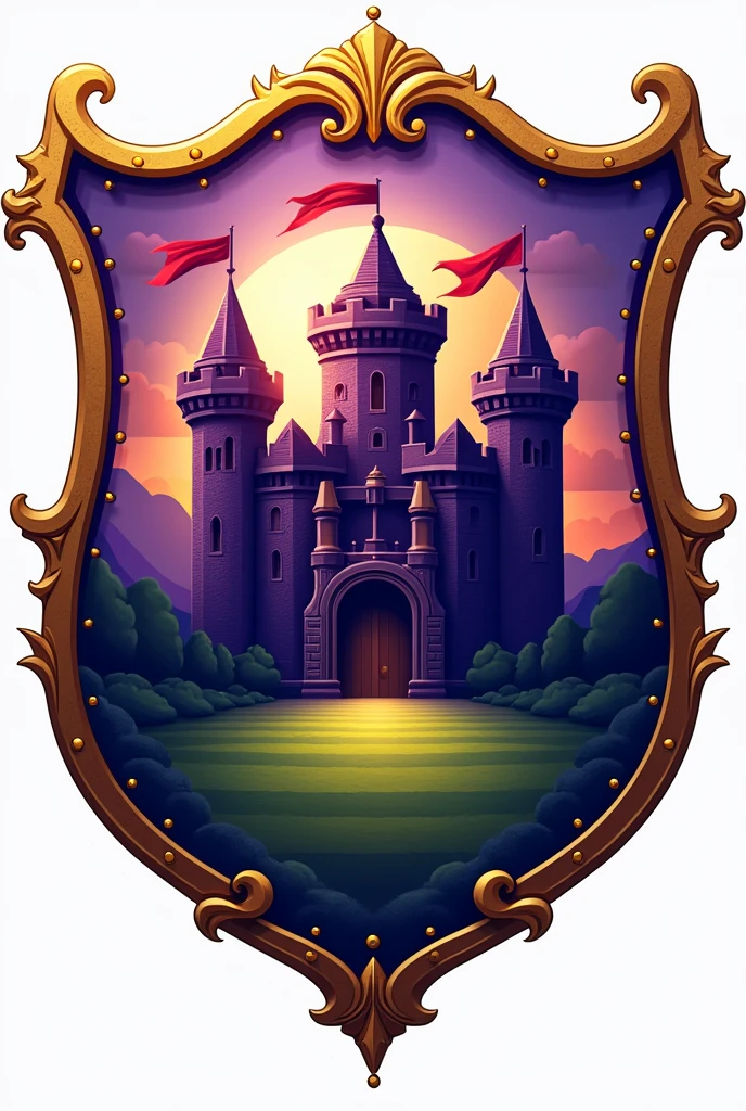 Create a shield for a football team called Barbalho GBC in Portuguese, purple and gold colors, medieval castle