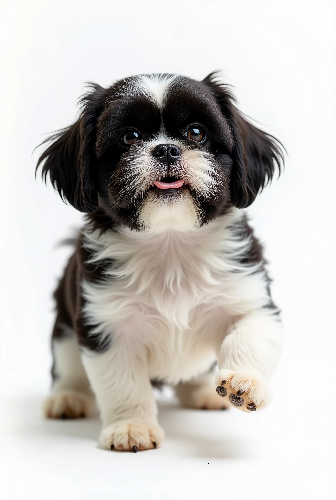 (8k, CRU photo, highest quality) (((full body shot:1.3))), small breed dog, Shih Tzu, with fur in deep black and white colors. The entire body of the dog must be fully visible within the frame, with no parts cut off. Background must be completely white, like a studio backdrop, with no shadows, distractions, or details, just a plain white surface. (((dynamic pose:1.3))), ((movement pose:1.2))), soft lighting, cinematic lighting, realistic fur, ((pores)), ((high detail fur)), light volumetric, hyper-realistic, vivid details, clear as crystal, 8K UHD, ultra photo realism, best quality, work of art, extremely detailed CG, unity, wallpapers (realistic, photorealistic:1.37), shining, fine-details, correct body structure, (((Depth of field:1.5))), (((atmospheric perspective:1.4))). The entire photo must be 100% sharp, fully in focus, with all details crisply defined.