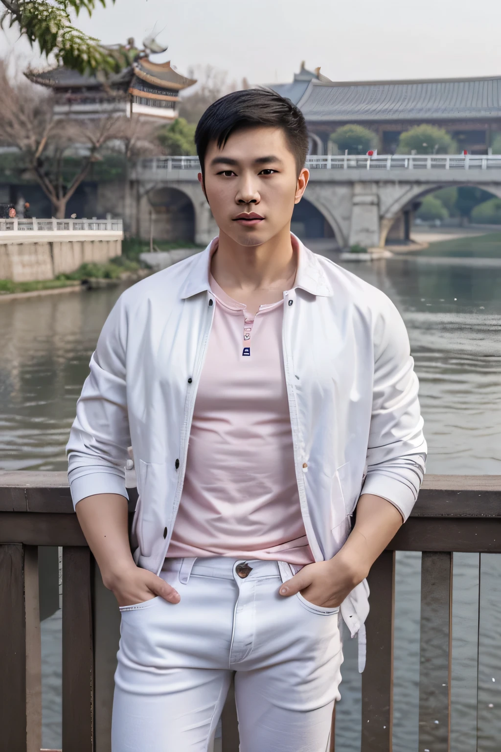 Chinese man, 29 years old, handsome masculine face , big eyes, high nose, smooth white skin, pink lips, well-proportioned body, fitness body, wearing a white t-shirt, black jeans and a jeans jacket, standing by the river in Beijing China, hands in pockets