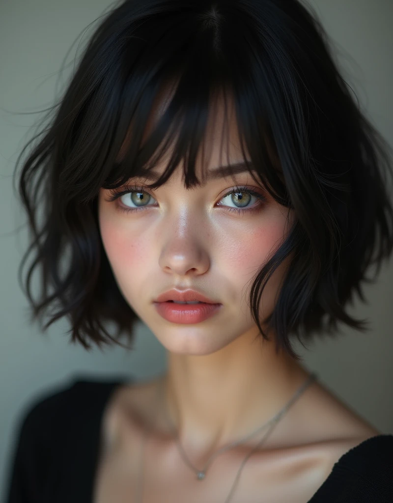 (RAW photo, best quality, masterpiece: 1.2), (photorealistic: 1.4), best lighting, 20 years old, black hair, Light grey eyes, short bob cut, hair in 7 thirds, hair over one ear, Symmetrical eyes, fair skin, solo, Detailed Skin, Beautiful lips, gloss, blush, Polish girl