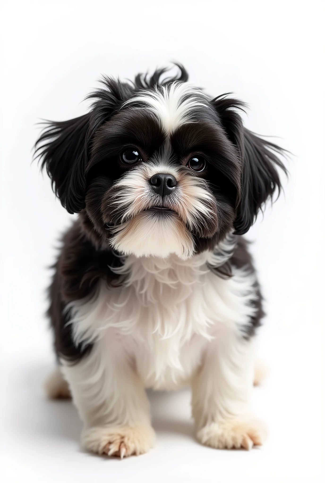 (8k, CRU photo, highest quality) (((full body shot:1.3))), small breed dog, Shih Tzu, with fur in deep black and white colors. The entire body of the dog must be fully visible within the frame, with no parts cut off. Background must be completely white, like a studio backdrop, with no shadows, distractions, or details, just a plain white surface. (((dynamic pose:1.3))), ((movement pose:1.2))), soft lighting, cinematic lighting, realistic fur, ((pores)), ((high detail fur)), light volumetric, hyper-realistic, vivid details, clear as crystal, 8K UHD, ultra photo realism, best quality, work of art, extremely detailed CG, unity, wallpapers (realistic, photorealistic:1.37), shining, fine-details, correct body structure, (((Depth of field:1.5))), (((atmospheric perspective:1.4))). The entire photo must be 100% sharp, fully in focus, with all details crisply defined.