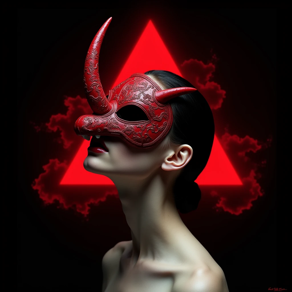 Benio Adashino, very white skin, totally naked, focus on the neck of the body, blood red demonic samurai mask in 50% of the face with only 1 horn, blood red demonic samurai mask on both sides, blood red triangle behind with dark red clouds inside, completely black image background