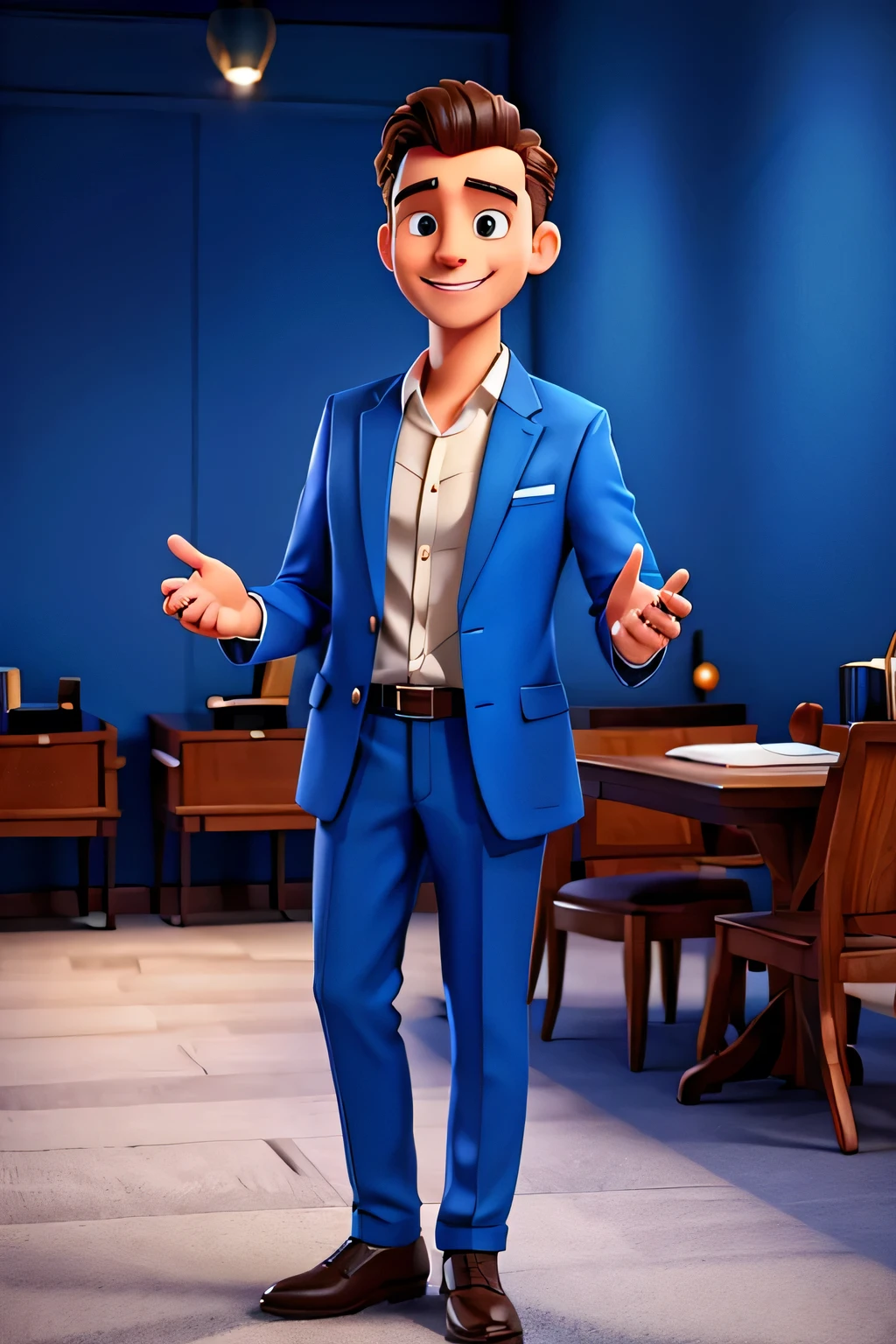 A handsome man HIGH TICKET TRAFFIC MANAGER AND DIGITAL STRATEGY, smiling with open arms,in blue suit
