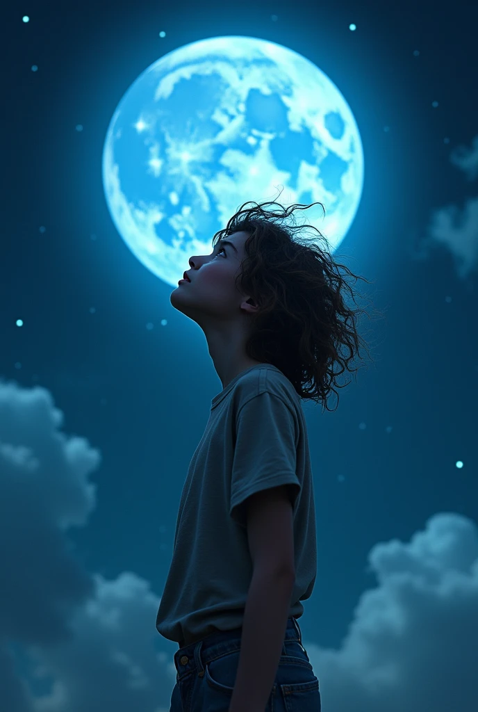 girl disheveled in tight clothes looking at a blue moon
