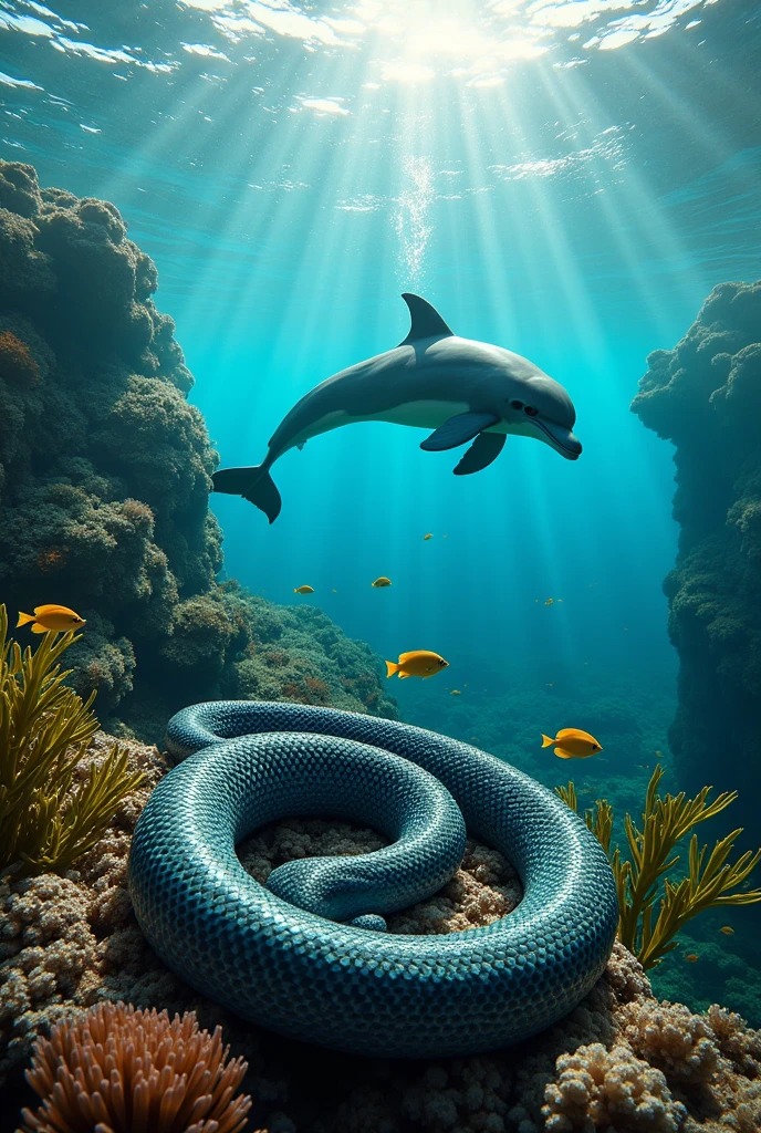 A high quality image combining a dolphins in its natural habitat and a striking photo of Naja sp.