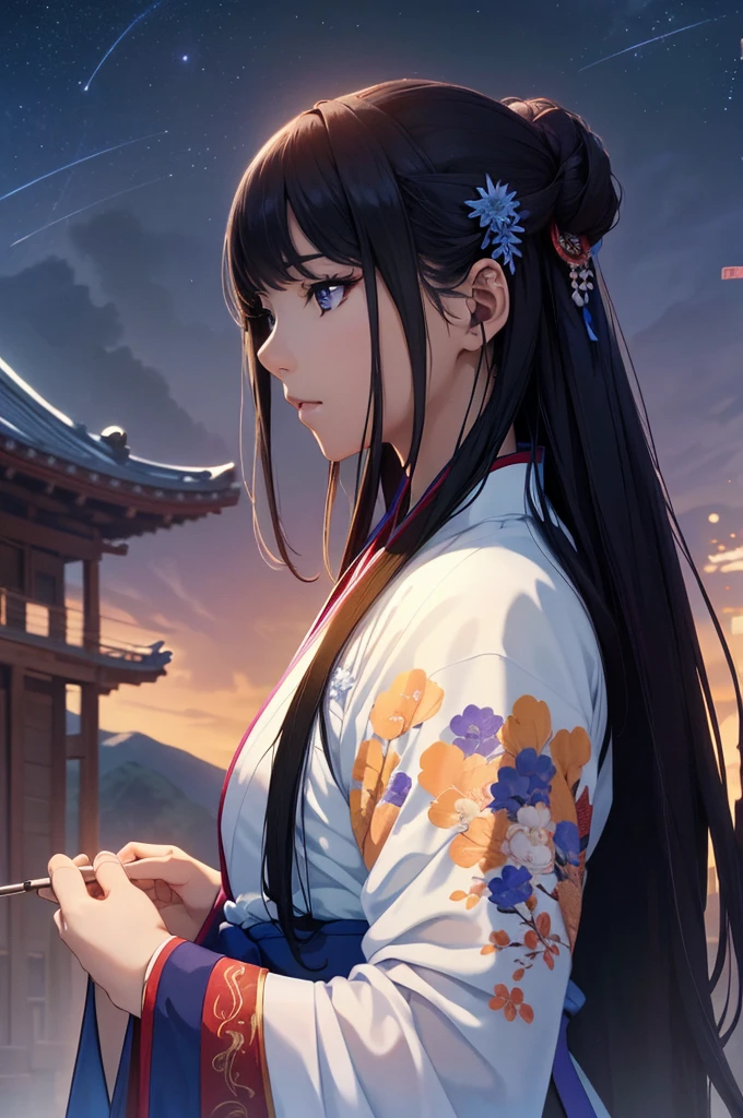 Starry sky and fog cover the landscape.Rich historical background. (Highest quality,4K,8k,High resolution,masterpiece:1.2), Very detailed, (Realistic,Realistic,Photorealistic:1.37), High resolution, Hyper HD, Studio Lighting, Ultra-fine painting, Sharp focus, Physically Based Rendering, Very detailed説明, Professional, Vibrant colors, Bokeh, Sports Late, Ancient War Landscapes, Traditional Chinese Painting Techniques, Atmospheric lighting, Dynamic Pose, Complex combat scenarios, Vivid color contrast, Visually stunning composition, Ethereal atmosphere,Hanfu