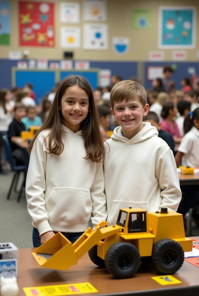 9-year-old boy with short light brown hair wearing a white sweatshirt and next to him a wearing a white sweatshirt, loose dark brown hair, These two kids are in a school setting “at the science fair presenting the operation of a hydraulic backhoe as their project