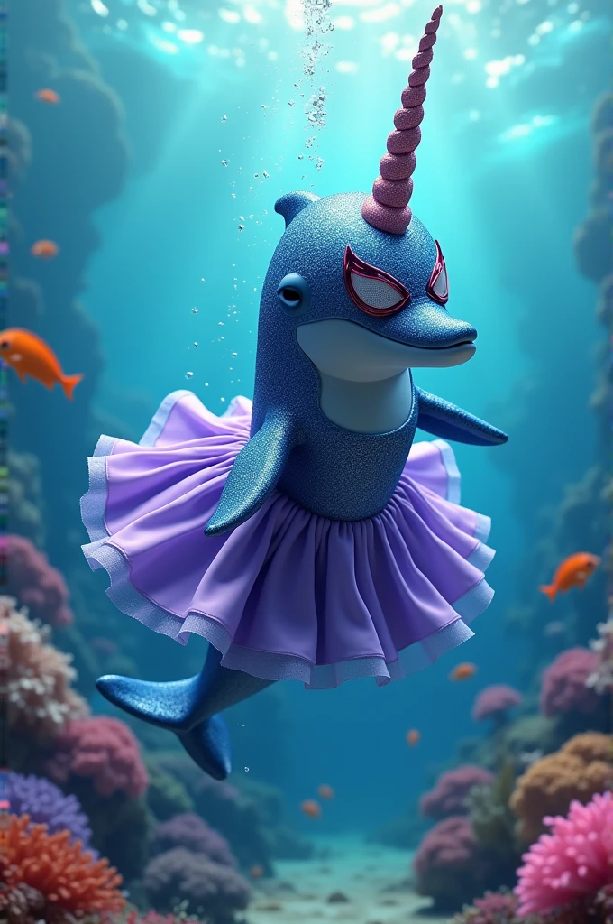 Dolphin with unicorn head spiderman mask and purple dress