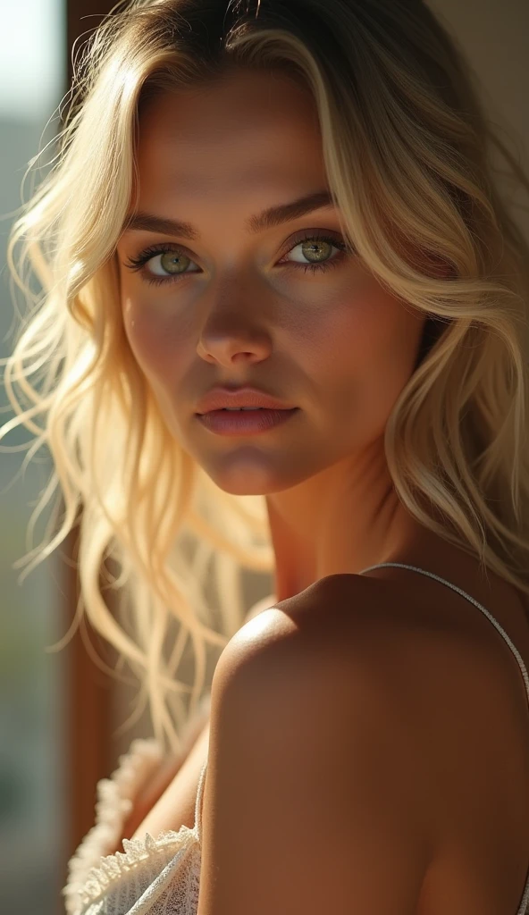 beautiful blonde woman, sensual, gorgeous body, daylight, nude, highly detailed, 8k, (best quality:1.2), (photorealistic:1.37), hyper-realistic, extremely detailed face and body, flawless skin, natural lighting, soft shadows, warm color tones, cinematic composition, dynamic pose, alluring expression