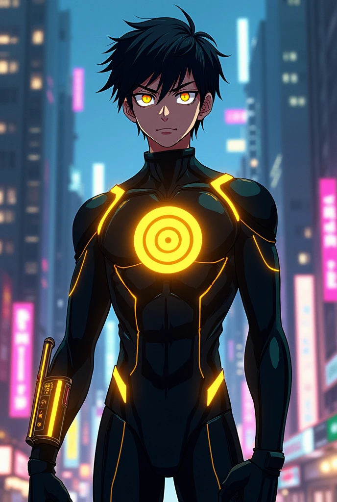 Make me a superhero whose suit is black, with a spiral emblem, on his chest, with yellow details and has a high-tech cell phone attached to his left forearm, that he has a rearview mirror in his eyes like a cyclops and in an anime version , that his suit looks futuristic and you can see his hair and that he is a young man