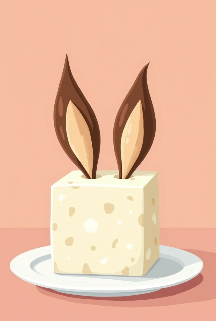 Simple illustrations with thick lines、Up to 5 colors。A horse&#39;s ear grows out of a square of tofu on a plate.。No parts other than the ears are needed