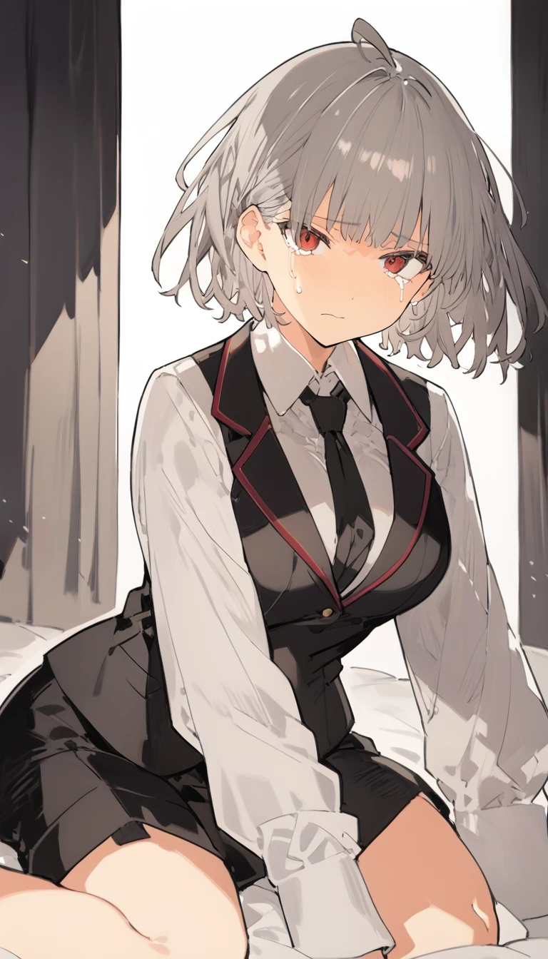 score_9, score_8_up, score_7_up, source_anime, 1girl, red eyes, room, wariza, short haircut, ponytail, grey hair, cry face, teary eyes, portrait, blazer, starshadowmagician, solo, Adult woman, best perfect anatomy, thin, curvy body, medium breasts, curvy body, close up shot on person suffering from anxiety, a woman showing sadness, lonely woman, a woman sitting in bed, white shirt, black tie, black vest, Long-sleeved shirt, black trousers, dynamic angle. no light source, dark background, night days, dark hotel bedroom background,