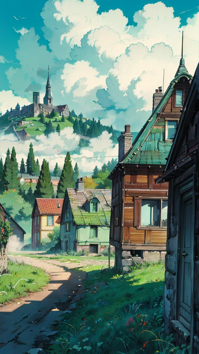 a small ((abandoned medieval town)), humble closed houses, without any people, houses, old huts, half destroyed, cloudy sky, low fog, (noon), clear, (glow), gray clouds, trees without leaves, ghost town, desolate
