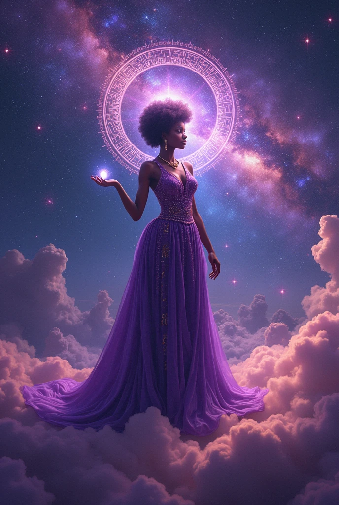 African woman. Astral magic. Floating runes. Royal garment. Wearin purple. Creating a planet. Standing on a galaxy 
