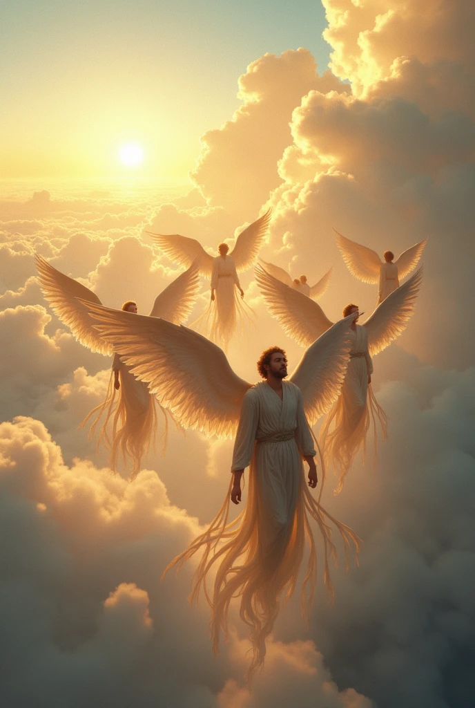 The Horde of Male Celestial Angels Descending from the Sky, realistic epic, soft cinematic portrait, Adobe Lightroom, Photo Lab, highly detailed, faded, (neutral colors: 1.2), (HDR: 1.4), (soft colors:1.2), hyperdetailed, (Artstation:1.4), cinematic, warm lights, dramatic light, (intricate details:1.1), complex background, (Rutkowski:0.66), (blue and orange:0.4)