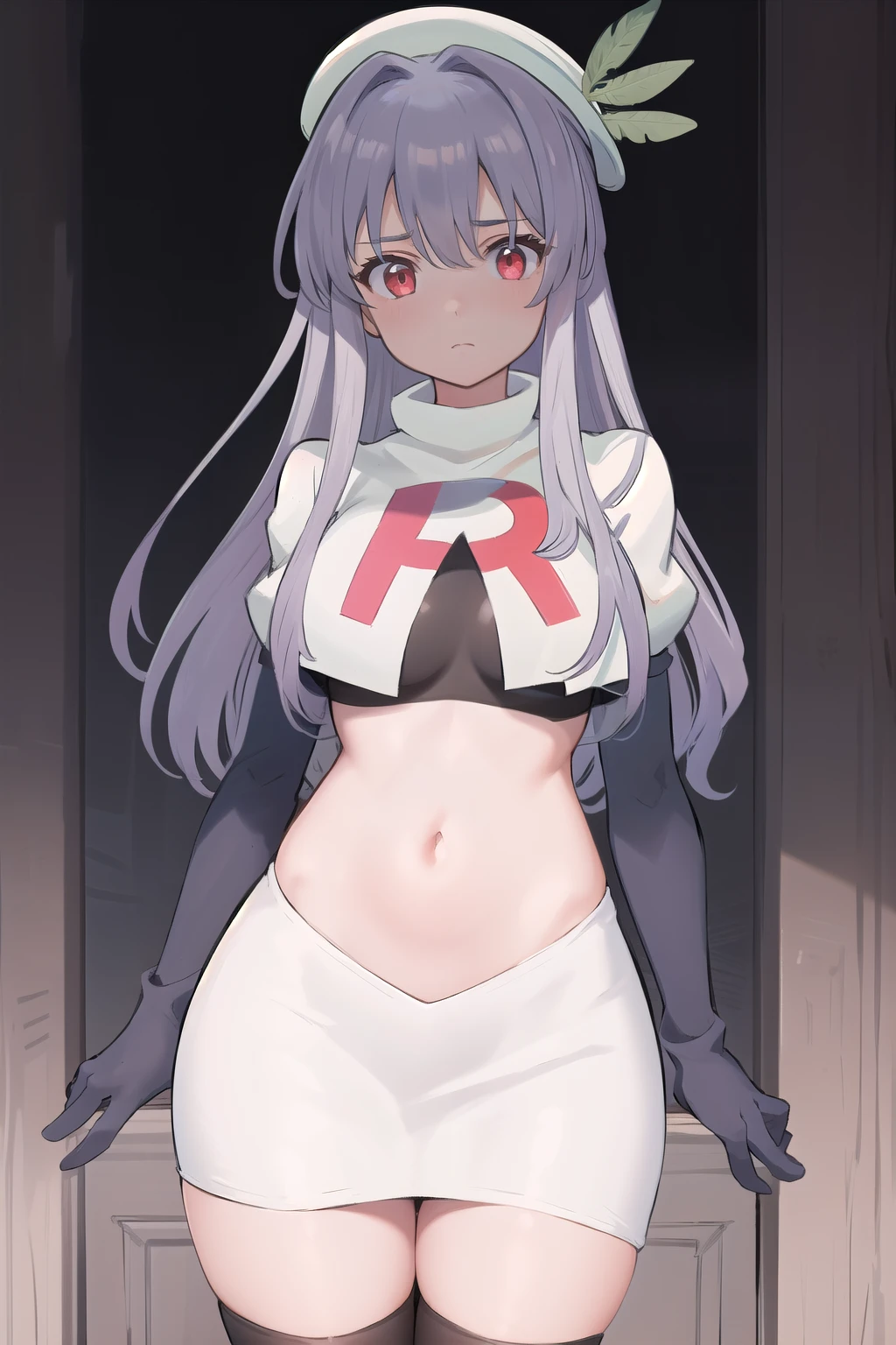 best quality, (masterpiece:1.2), illustration, absurdres,
(1girl, solo), (beautiful detailed girl),
Aeolia, lilac hair, long hair, red eyes, medium breasts,
 green hat, hat with feather ornament, team rocket,team rocket uniform,white skirt,red letter R,crop top,black thigh-highs,black elbow gloves
looking at viewer, 