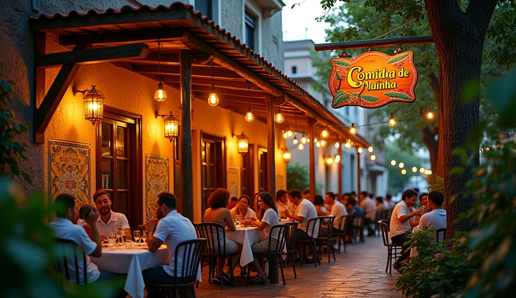 create an image of a restaurant with a sign saying "Comida de Mainha" 16:9