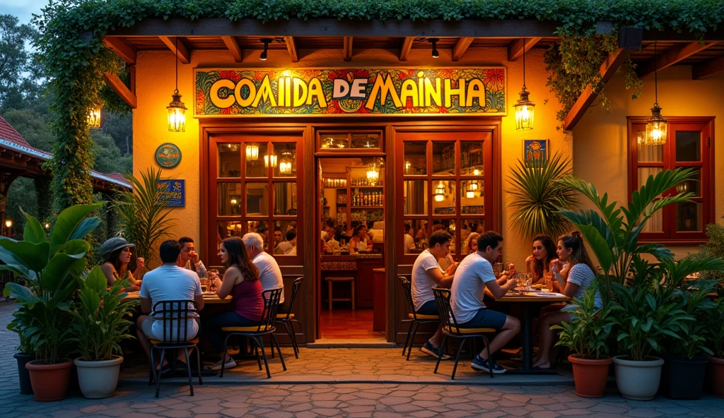 create an image of a restaurant with a sign saying "Comida de Mainha" 16:9