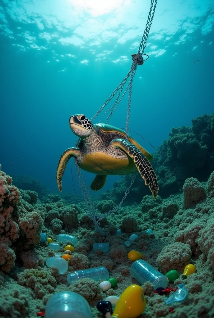 turtle in fishing net with lots of rubbish scatterred