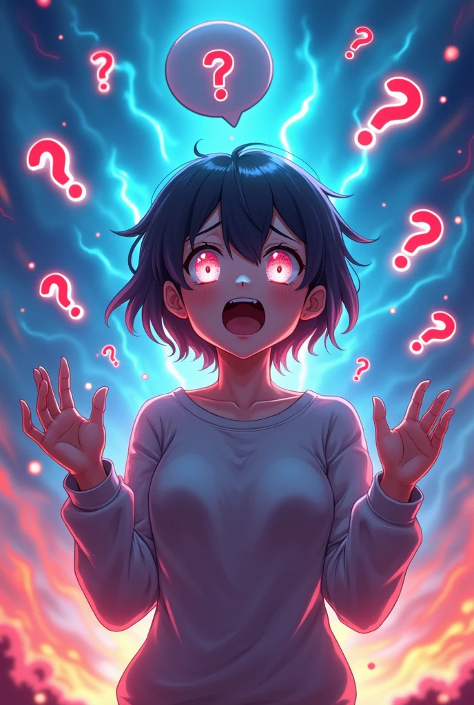 "Shocked anime character, wide-eyed expression, question marks floating around, vibrant colors, dynamic composition, speech bubble with '???' text, confused body language, surreal background with swirling patterns, digital art style, high contrast, 4K resolution"
adult person